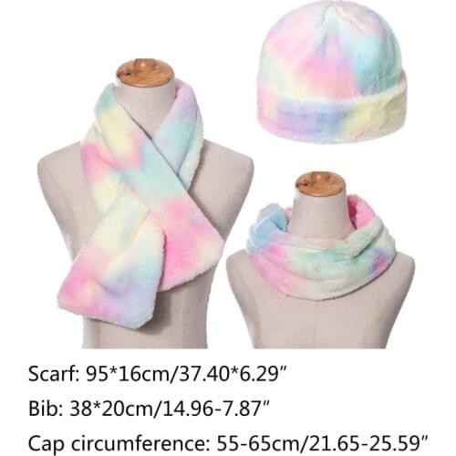 3Pcs Unisex Colorful Tie Dye Beanie Skull Hat with Scarf Set Fuzzy Plush Warmer