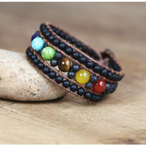 7 Chakra Onyx Lava Stone Wrap Bracelets Yoga Healing Chakra Cuff Bracelet Handmade Bohemia Bracelet for Women