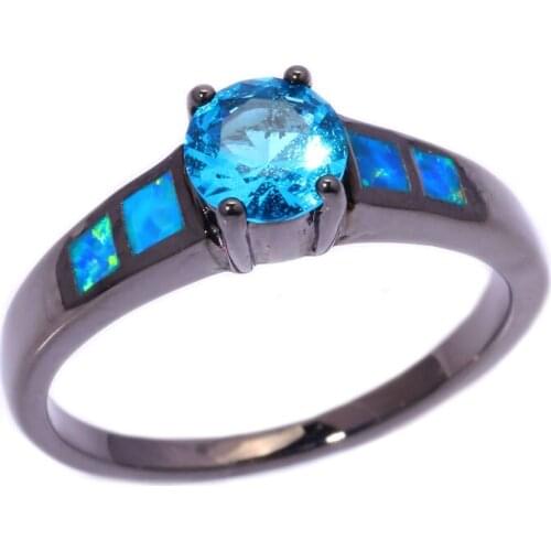 Noble ! Elegant & Fashion & Wholesale For Women Jewelry Blue Fire Opal & Blue Zircon Black Gold Ring Size 6 7 8 9 10 OJ8156