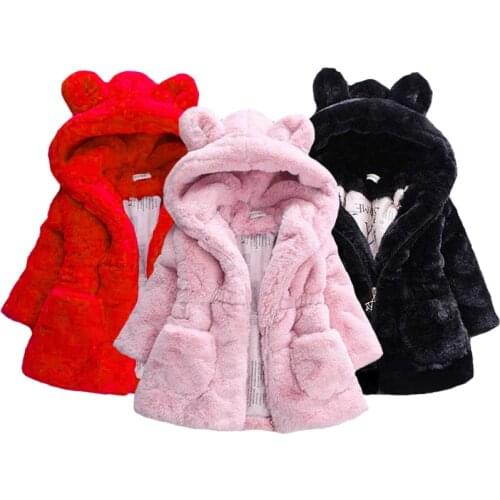 2021 Winter Plush Imitation Fur Girls Jacket Keeping Warm Hooded Outerwear For Kids 1-8 Years Christmas Present Children Coat
