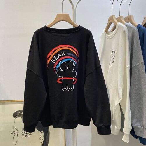 Kawaii cartoon bear print crew neck pullover long sleeve sweatshirt women fall 2021 harajuku hoodie teen girls black white C148
