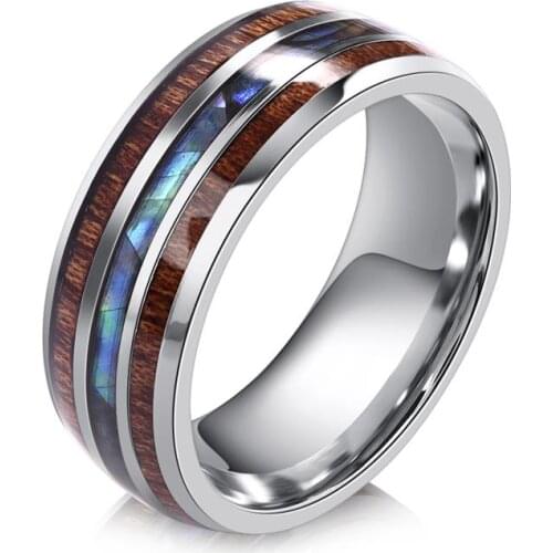 Wood Inlay Titanium Steel Rings For Men 8 mm Abalone Shell Tungsten Carbide Ring OBSEDE Fashion Male Jewelry Accessory 5-12 Size