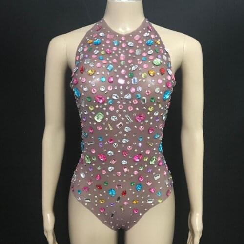 Multi-color Rhinestone Transparent Bodysuit Women Dance DS Show Evening Costume Prom Birthday Celebrate Sexy Outfit