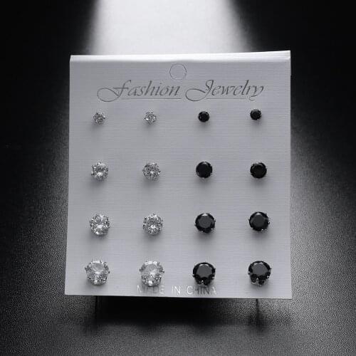 6/8/12 Pair Mixed Size White&Black Color Cubic Zircon Stud Earrings SET Shine Crystal Ear Studs for Men&Women Punk Party Jewelry