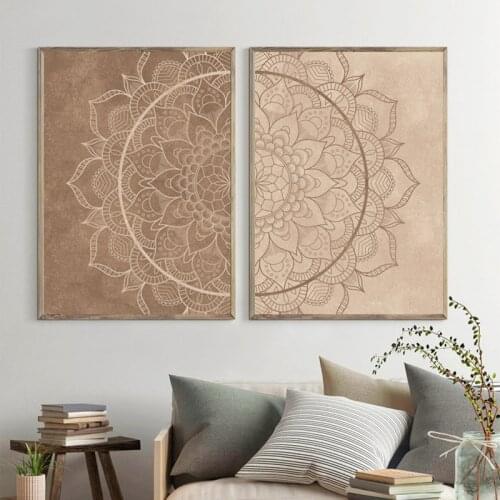 Mandala Wall Art Pictures Neutral Color Brown Boho Posters and Prints Canvas Painting Yoga Gift Living Room Bedroom Decoration