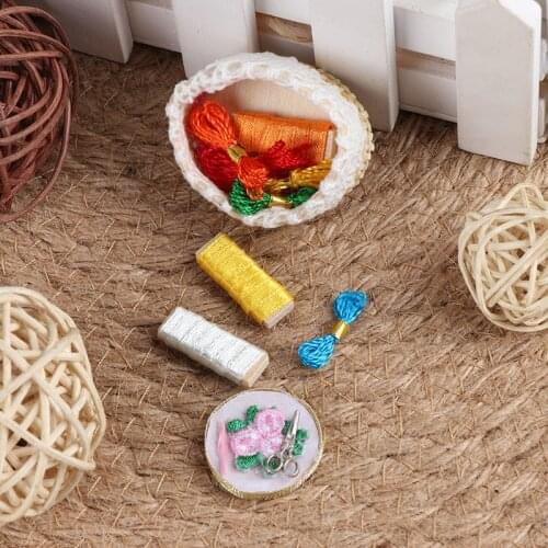 1/12 Dollhouse Miniature Accessories Mini Embroidery Tools Set Simulation Sewing Scissors Thread Model Toys for Doll House Decor