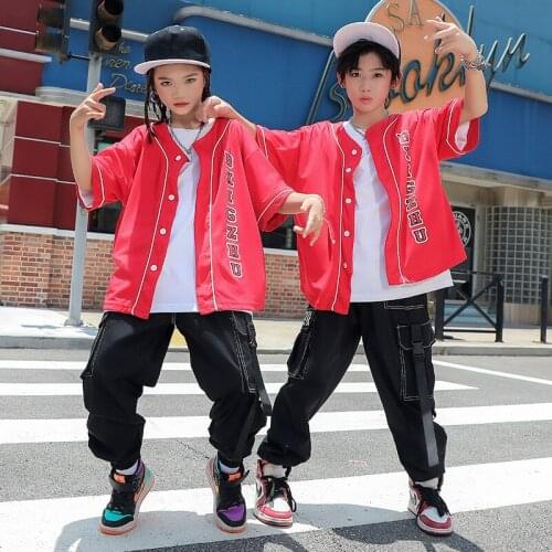 Fashion Hip Hop Clothing Ds Jazz Dance Costumes Ballroom Clothes Girls Red T shirts Vest Outfit Black Pants for Kids