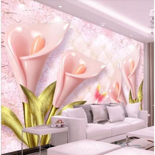 Custom wallpaper 3d photo mural pink calla lily papel de parede embossed soft bag jewelry background wall paper home decor mural