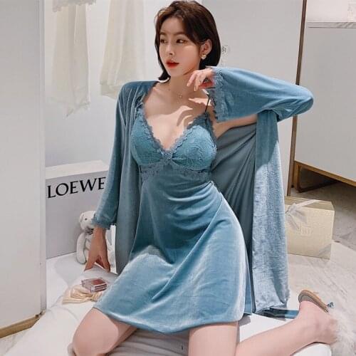 Sexy Velvet Nightwear Casual Bath Gown Robe Women 2PCS Nighty&Robe Set Sleepwear Kimono Gown