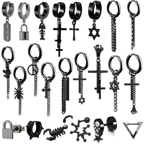 1pair/2 Pieces Punk Cross Stars Pendant Round Earrings For Women Rock Men Simple Stainless Steel Stud Earrings Jewelry