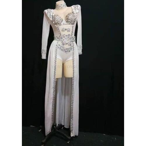 White Silver Rhinestones Dance Outfit Bodysuit Long Tail Costum Dancer Show Outfit Birthday Evening Stage Bodysuit Leotard Skirt