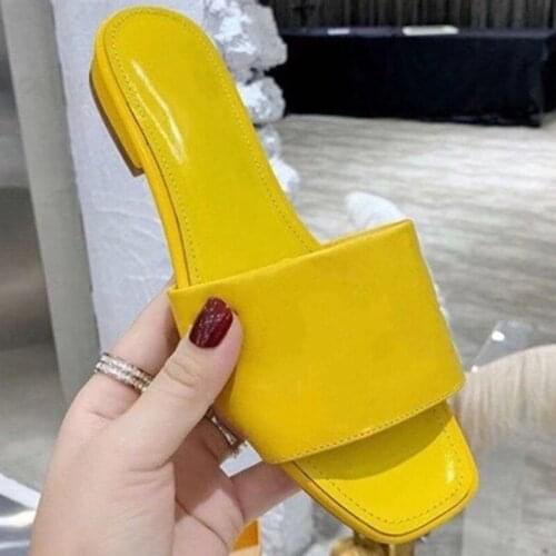 Solid Woman Slippers Square Head Shoes Women Open Toe Slippers Summer Cool Outwear Leather Shoes Fashion Concise Lady Slippers