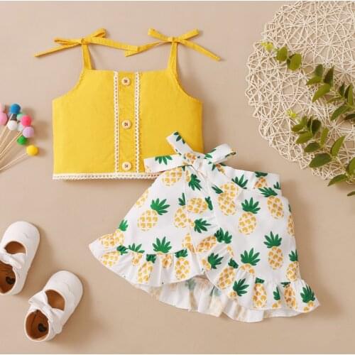 #VW Kids Baby Girls Clothes Lace Ruffles Yellow Suspender Tops Vest With Button +Pineapple Fruit Printed Skirts Summer Sets