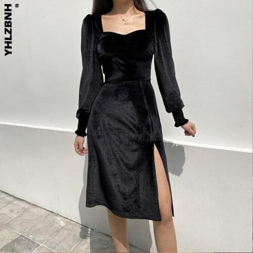YHLZBNH Autumn Velvet Women Suede Dress Long Sleeve Square Neck High Waist Slim Sexy Split Party Dress Female Street Wear