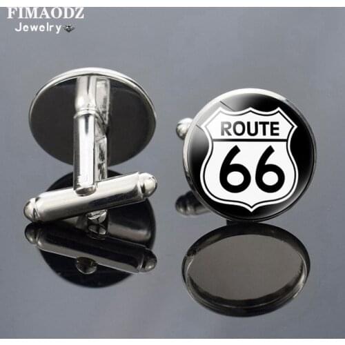 FIMAODZ Route 66 Cufflinks High Quality Glass Motorcycle Pattern Silver Plated Exquisite Cuff Links Men Shirt Cuff Buttons