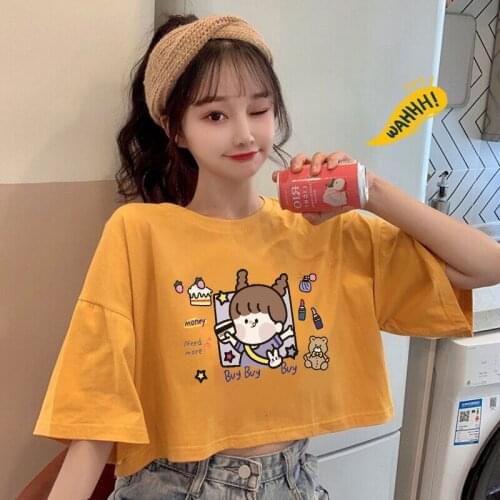 Short T-shirt Womens New Summer Short-Sleeved Korean-Style Loose Half-Sleeve High Waist Navel Top Ins Fashion