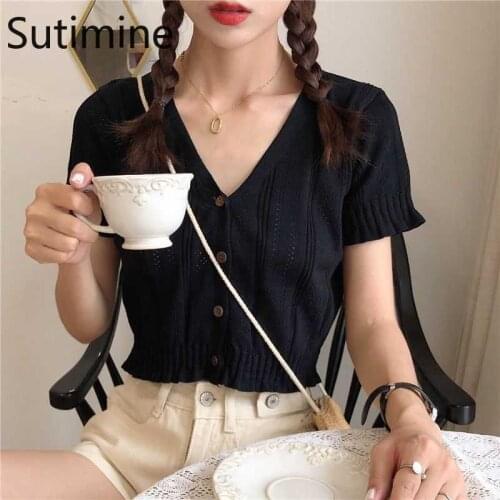 Sutimine Y2k Knitted Cardigan Crop Top Sweater Woman Lace Solid Color 2021 Summer New Cropped Shirt Blouse