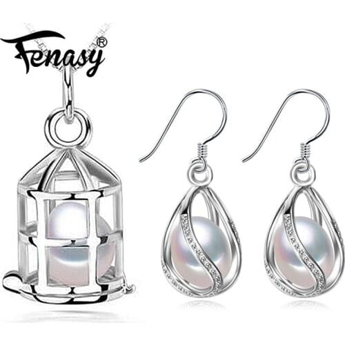FENASY Pearl Jewelry party earrings for women fine jewelry classic natural pearl long geometric vintage cage drop earrings