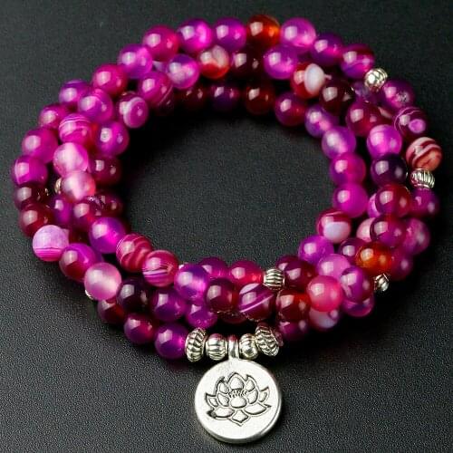 Women 108 Mala Bead Bracelet or Necklace 6MM Rose Stripes Onyx Natural Stone Lotus Charm Yoga Energy Jewelry Dropshipping