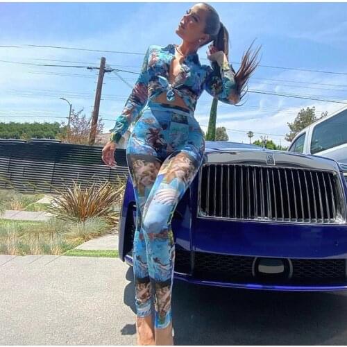 Goth Mall Sexy Figure Print 2 Piece Set Women Lapel Long Sleeve Crop Top And Legging Pants Sets 2021 Summer Casual Outfits