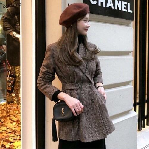 Elegant autumn winter plaid women blazer coat Causal long sleeve tweed coat short Office ladies pocket women suit blazer