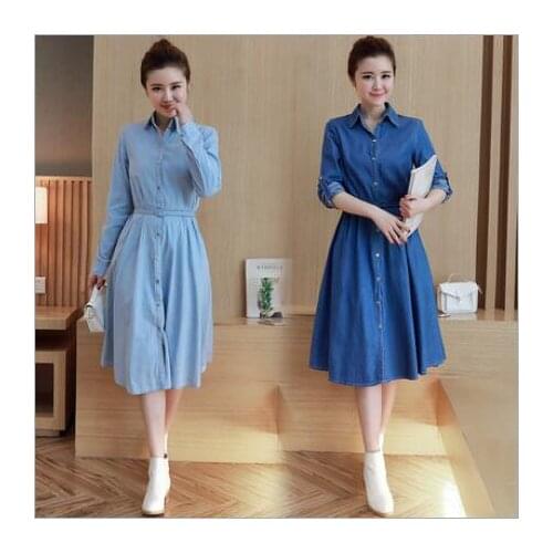 LIWA 2017 Spring and Autumn Women Dress Long Casual Demin A-Line Dress Turn-down Collar Cute Vestidos Female D09