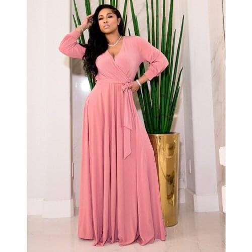 Casual Women Long Sleeve Pink Green Long Dress 2021 Summer V Neck Draped Elegant Ruffles Office Ladies Work Wear Modest Vestidos