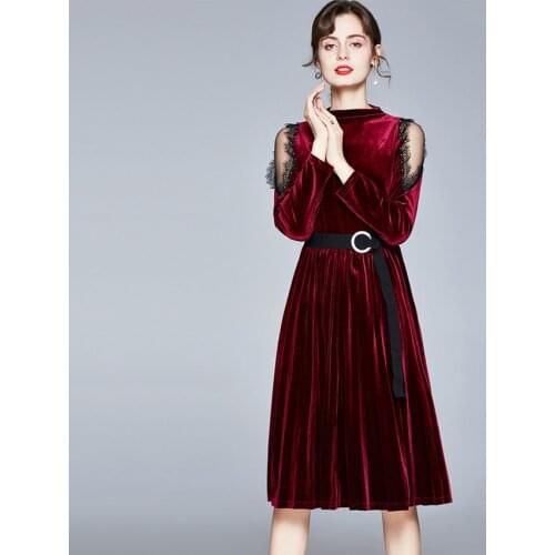 Women High Quality Designer Party Dress Winter Red Velvet Dress Long Sleeve Cut Off Shoulder Vintage Pleated Dresses Midi-calf