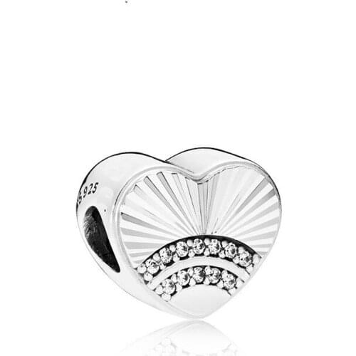 100% 925 Sterling Silver Fan Of Love Charm Clear CZ Heart Beads for Jewelry Making Fits Original Charms Bracelet bijoux