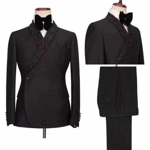 Black Shiny Shawl Lapel One Button Men Suits Wedding Groom Tuxedos Terno Masculino Slim Fit Prom Blazer 2 Pcs Jacket+Pants