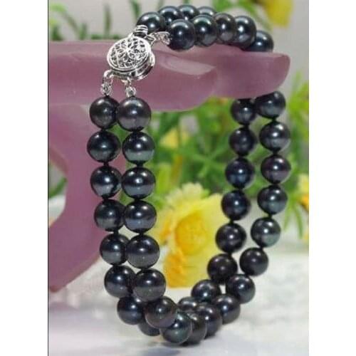 Fine 2 STRANDS 9-10MM SOUTH SEA BLACK PEARL BRACELET 7.5-8 INCH^^^@^Noble style Natural Fine jewe SHIPPING new >>free shipping