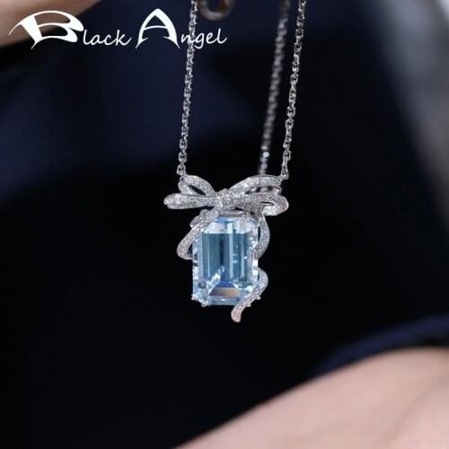 BLACK ANGEL New Sea Blue Gemstone With Zircon Bowknot Pendant Necklace For Women 925 Silver Fine Jewelry Student Clavicle Chain