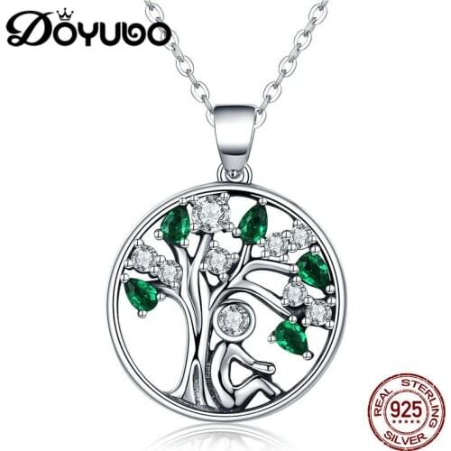 DOYUBO Fashion Women Sterling Silver Pendant Necklace The Tree Of Life Charms Chains With Green Cubic Zircon Lady Jewelry AKK011