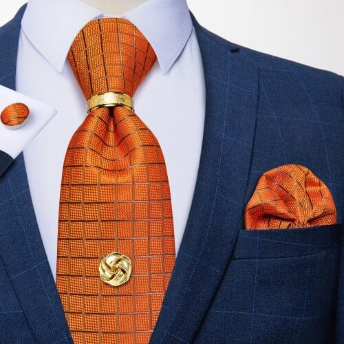 New Fashion Orange Plaid Mens Tie 8cm Silk Jacquard Necktie Handkerchief Tie Tack Set Gift For Men Gravata Corbatas DiBanGu