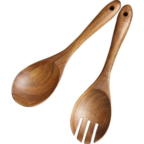 H55A 2Pcs Wooden Salad Servers Spoon Fork Set Long Handle Cooking Untensil Cutlery