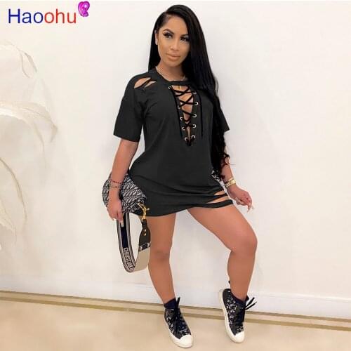 HAOOHU Women Short Sleeve Hole Shoulder Lace Up Dress Fashion sexy club Hollow Out T-shirt mini Dresses