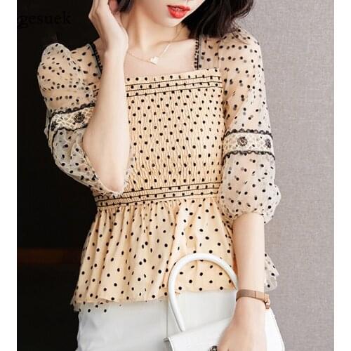Korean Fashion Blouse Sweet Polka Dot Chiffon Shirt Women 2021 Summer New French Shortsleeve Shirt Short Tops Blusa Mujer 14725
