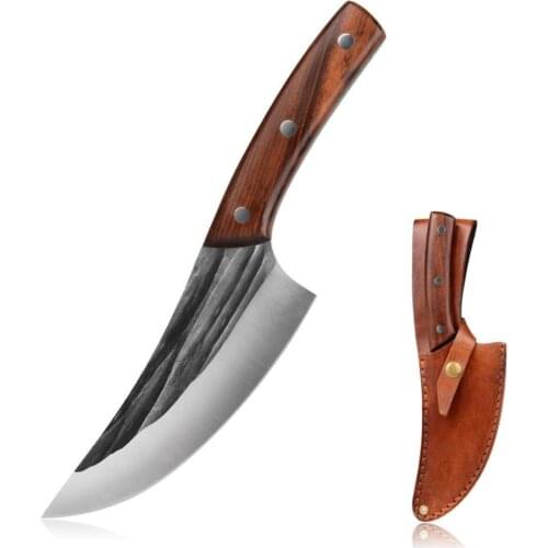 Kitchen Knife Chefs Boning Knife- Forged Hunting Knife Fixed Blade Wood Handle - 8Cr17Mov Forged Steel 60HRC-With Leather Sheath