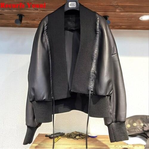2020 Womens Sheep Genuine Leather Short Jacket Female Thread Stitching Loose Fashion Drawstring Coat Chic Stand Collar Cardigan