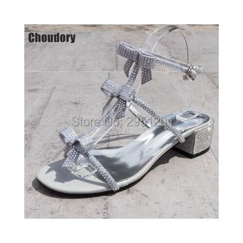 Fashion Crystal Butterfly-knot Gladiator Sandals Women Chunky Heel Rhinestone Sweet Silver Color Bow Tie rivets Women Shoes