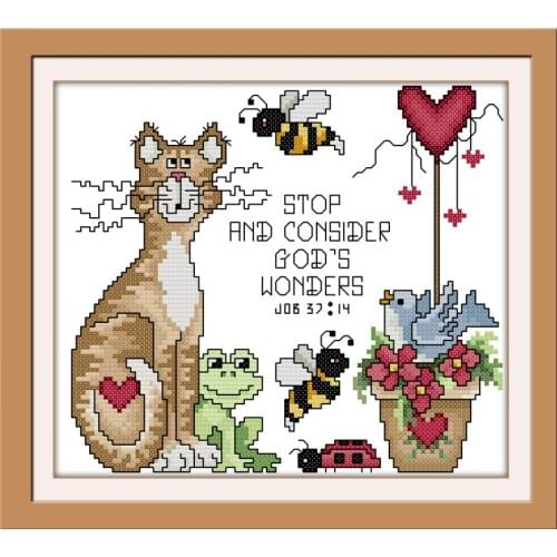 Gods miracle cross stitch kit cat animal 14ct printed canvas full stitch pattern fabric with needles handmade needlework