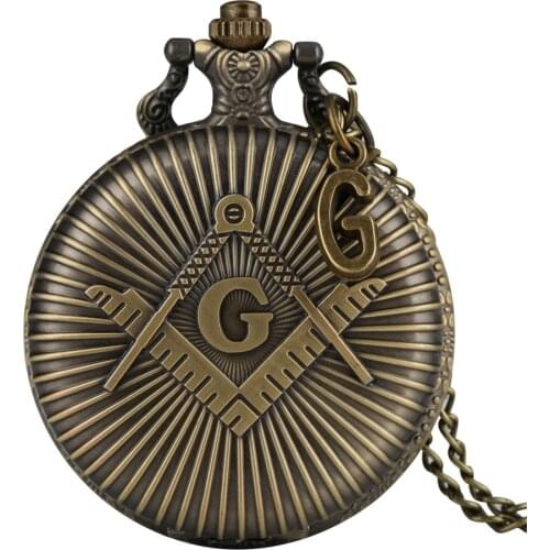 Punk Freemasonry Masonic Design Antique Bronze Quartz Fob Clock Pendant Freemason Pocket Watch Chain Necklace with G Accessory