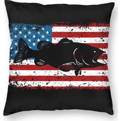 Patriotic Bass Fishing - American Flag Vintage Throw Pillow Cover Decorative Pillow fishing Awesome Pillowcase