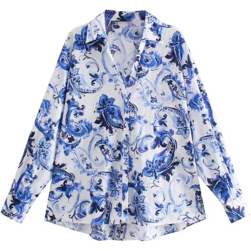 TRAF Za Blue Print Shirts Woman Oversize Long Button Up Shirt Casual Beach Women Blouse 2021 Autumn Long Sleeve Loose Top Female