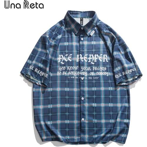 Una Reta Casual Short sleeve plaid shirt Men 2021 New Summer Tops Fashion Harujuku Hip hop print Oversized Shirts Mens clothing