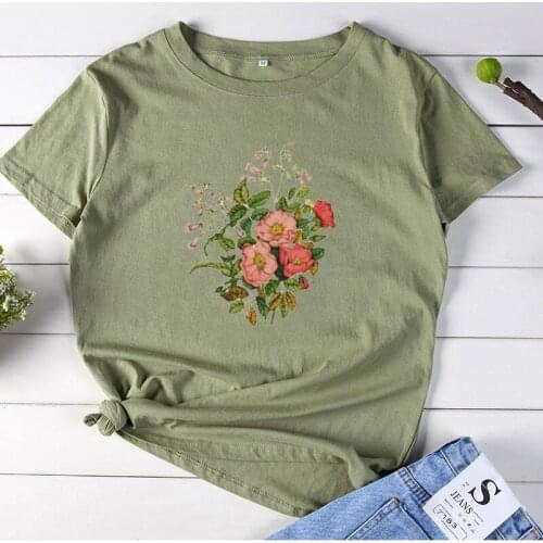 Pretty Flowers T Shirt Women Short Sleeve Tshirts Cotton Women O-neck Loose Tee Shirt Femme Black White Camisetas Mujer Tops