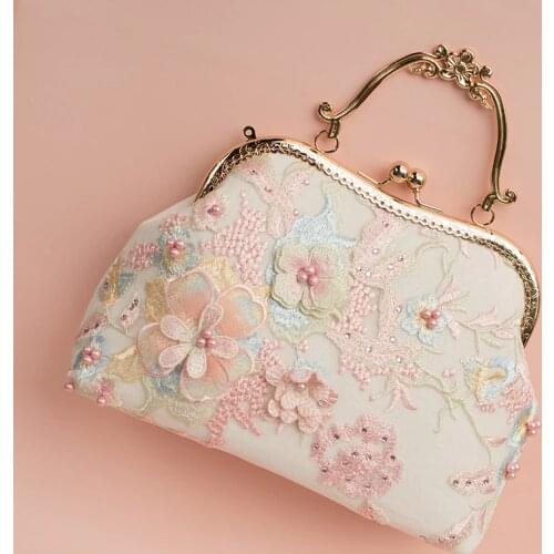 Women Lace Pink Pearl Beaded Frame lady Tote Vintage Solid Clear Bag Handbag with White Cotton Lace Fabric