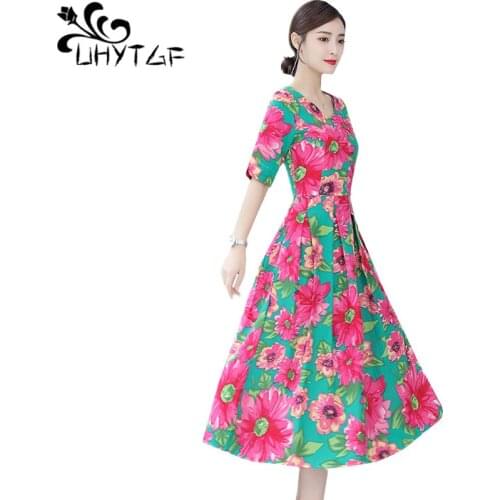 UHYTGF maxi dresses for women fashion printing pocket casual summer dress V-neck pullover cotton linen elegant women dress 902