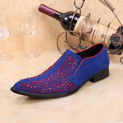 Christia Bella Designer Crystal Suede Leather Men Shoes Fashion Pointed Toe Party Dress Shoes Male Formal Business Shoe Big Size