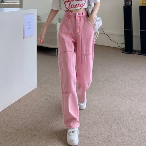 Streetwear Pink Jeans Woman High Waist Pockets Straight Mom Jeans For Women Plus Size Denim Pants Trousers Jean Femme